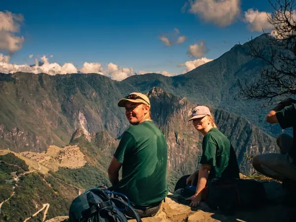 Hikers on the stone path of the Inca Trail to Machu Picchu in dry weather