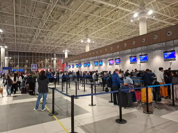 Front of Jorge Chávez International Airport in Lima with arriving passengers