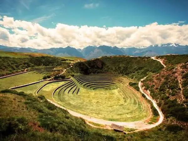 Concentric circular terraces of Moray carved into the ground of the Sacred Valley
