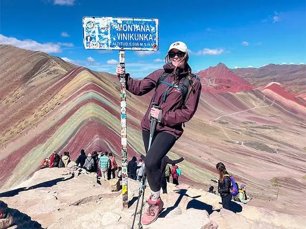 View of Vinicunca mountain at 5,200 metres with the Red Valley behind