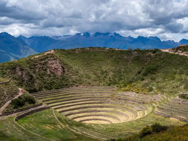 Green fields and mountains of the Sacred Valley of the Incas