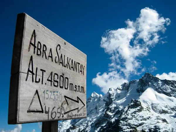 Sign at the Salkantay Pass at 4,600 metres