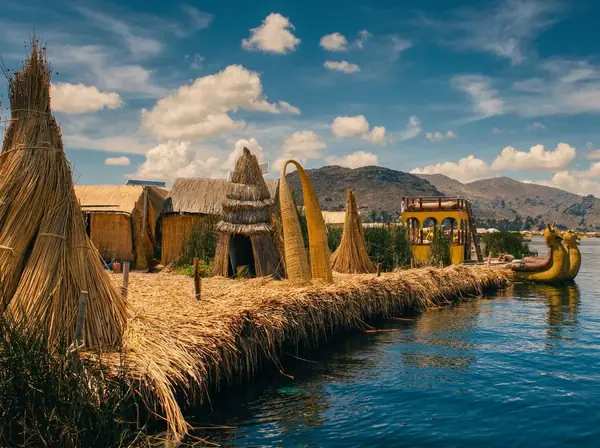 Totora reed floating islands on Lake Titicaca near Puno, the destination at the end of the Route of the Sun