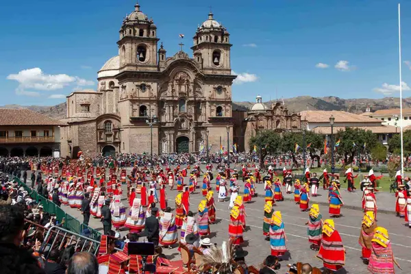 Inti Raymi ceremony in Cusco with performers in Inca costume
