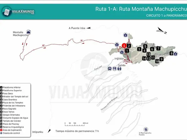 Map of route 1-A to Machu Picchu Mountain, Circuit 1, with a maximum stay of 7 hours
