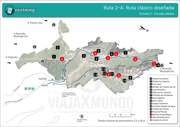 Map of route 2-A, the classic designed route through the Machu Picchu urban sector, with a maximum stay of 2 hours 30 minutes