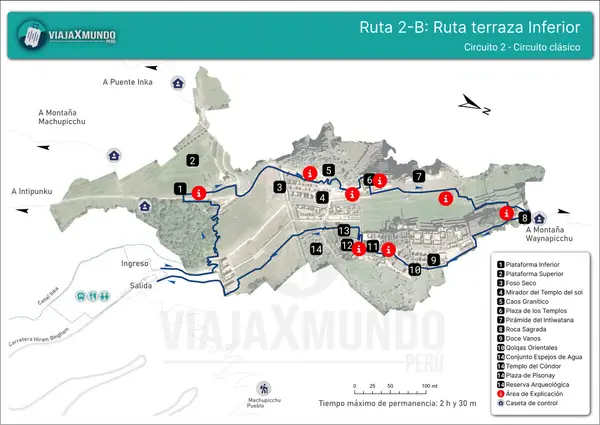 Map of route 2-B through Machu Picchu starting from the lower terrace, with a maximum stay of 2 hours 30 minutes