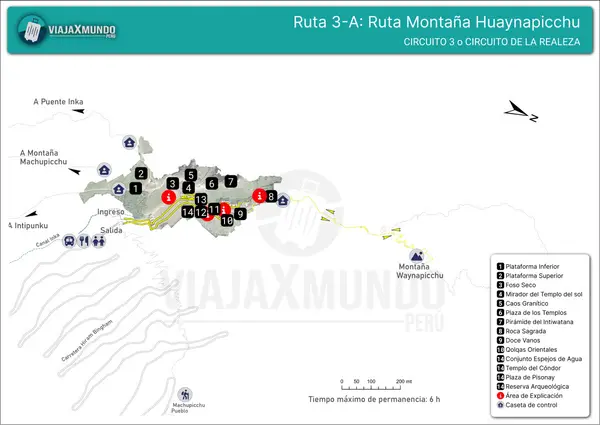 Map of route 3-A with the climb to Huayna Picchu, Circuit 3, with a maximum stay of 6 hours