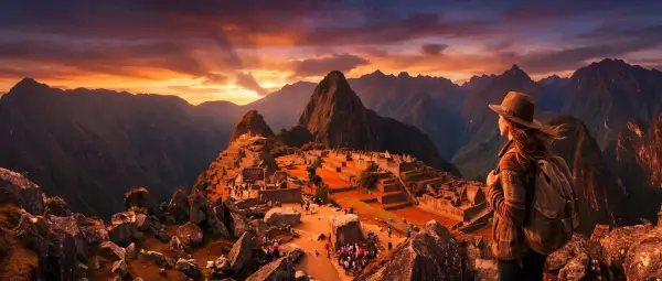 Machu Picchu citadel at sunset with Huayna Picchu and the surrounding mountains